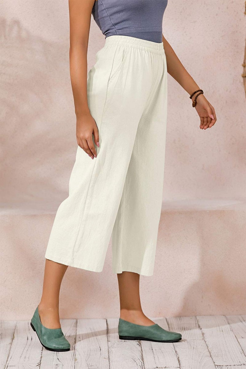 ECUPPER Womens Cotton Cropped Pants Loose Fit Wide Leg Capri Casual Plus Size Elastic Waist Trousers White M - Image 2